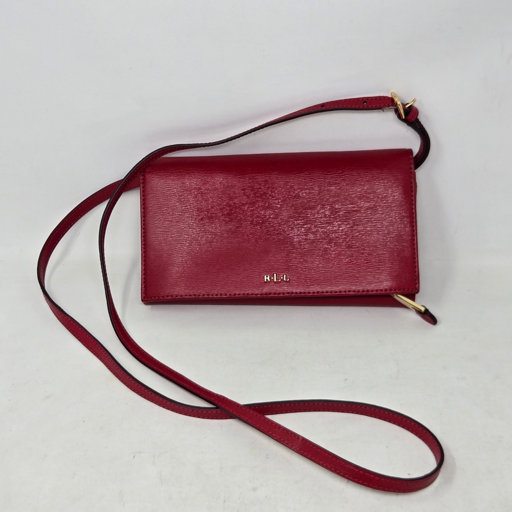 Lauren Ralph Lauren Red Textured Leather Crossbody Wallet Bag Gold Hardware